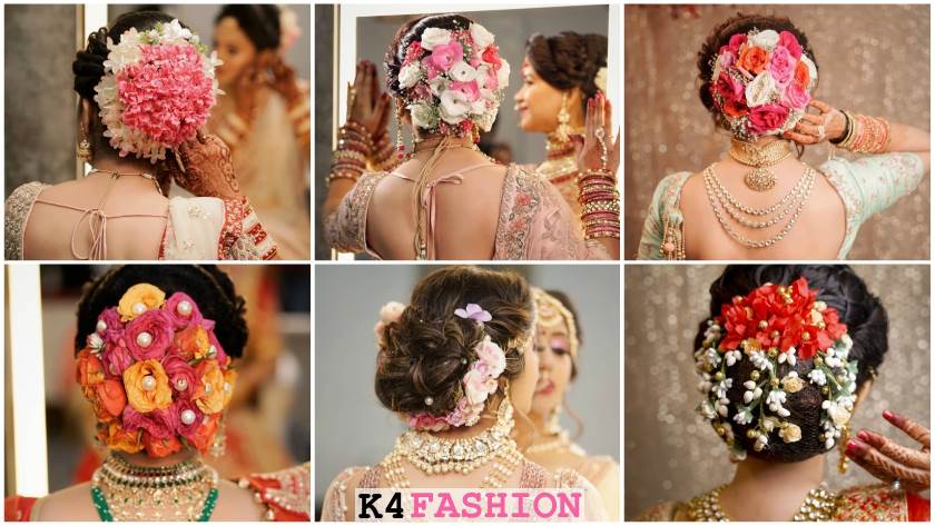 Indian Wedding Bun Hairstyle With Flowers and Gajra