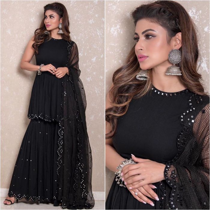 Mouni Roy Stunning Black Colored Bollywood Sharara Suit  K4 Fashion