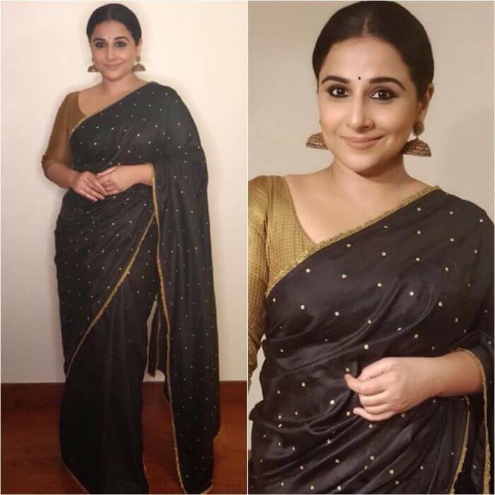 Vidya Balan In Black Saree With Golden Blouse And Earrings K4 Fashion