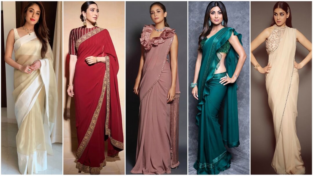 satin plain saree with designer blouse