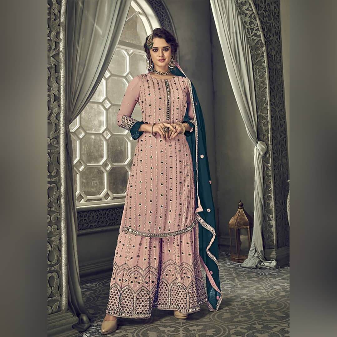 Heavily Embroidered Palazzo Suit With Mirror Work For This Festive Season