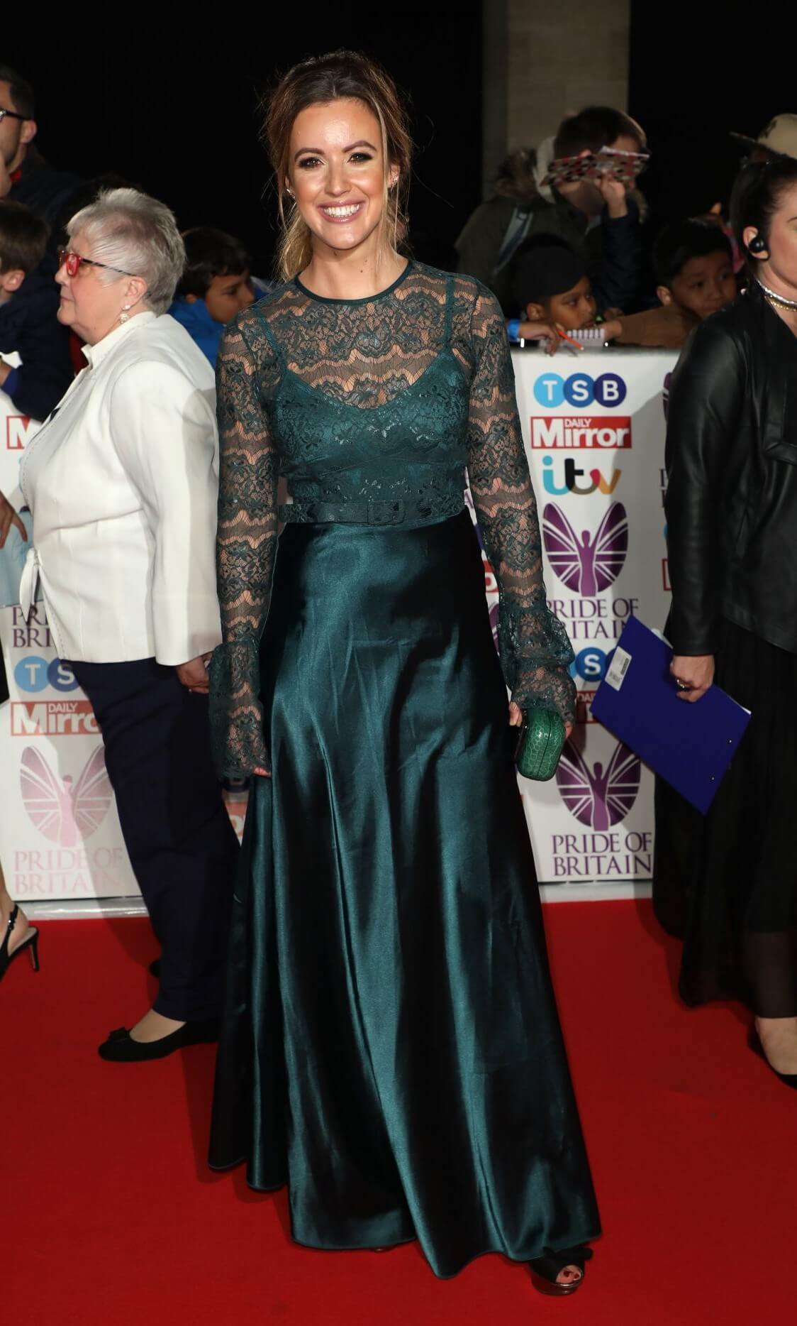 Charlie Webster In Shiny Bottle Green Lace Design Full Sleeves Long Gown At   Pride of Britain Awards in London