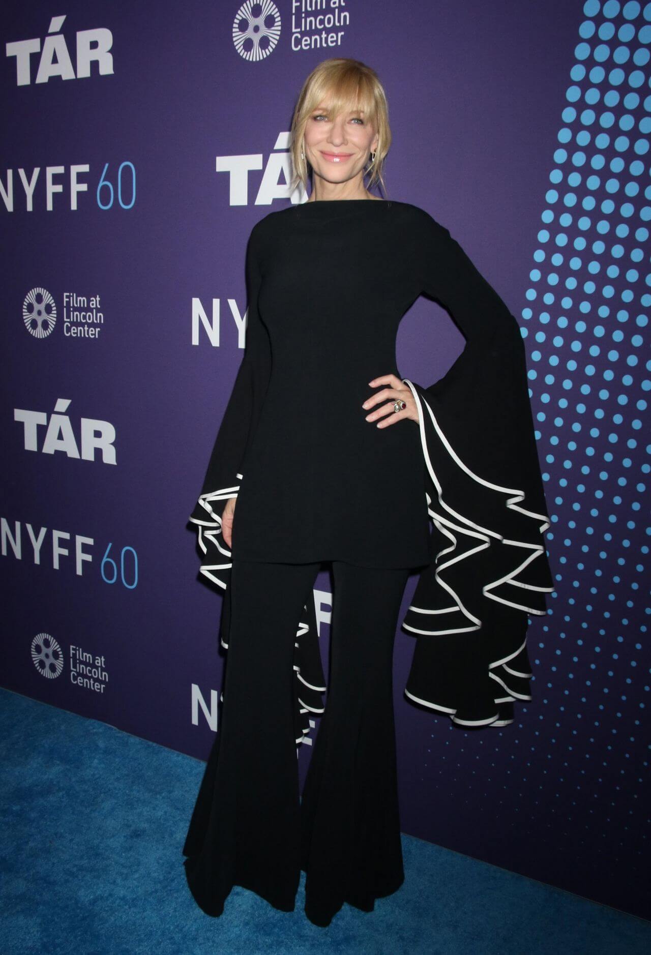 Cate Blanchett  In Black Ruffle Flare Sleeves Long Top With Pants At “Tar” Red Carpet at New York Film Festival