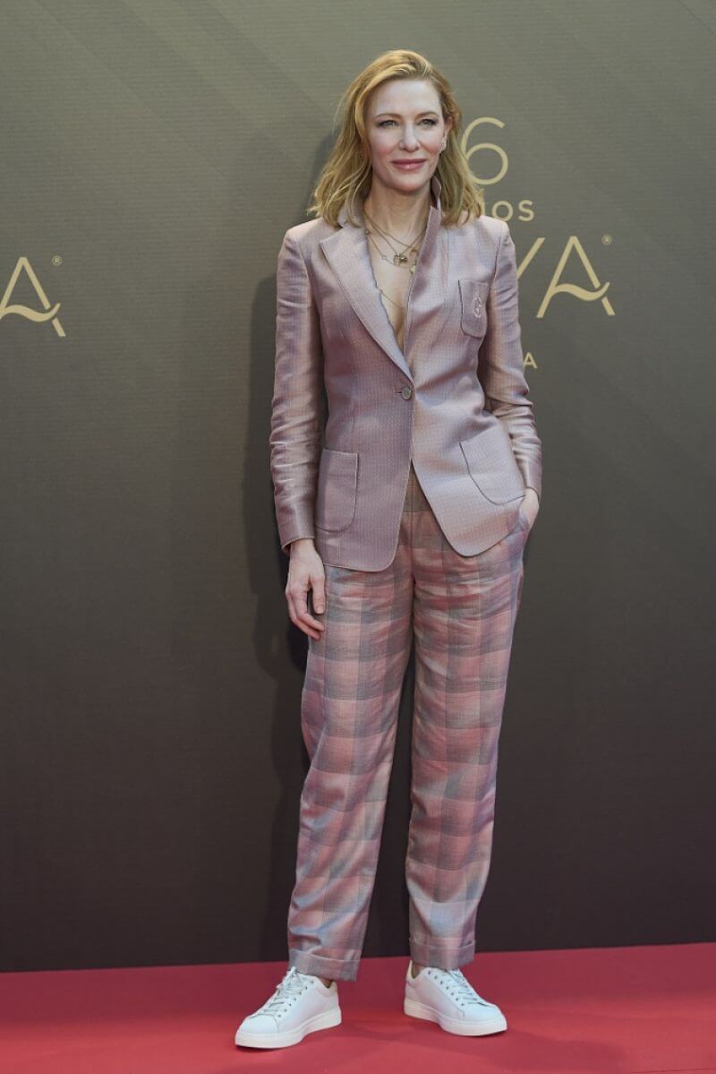 Cate Blanchett In Dusky Pink Blazer With Checked Pants At  International Goya Award Photocall in Valencia