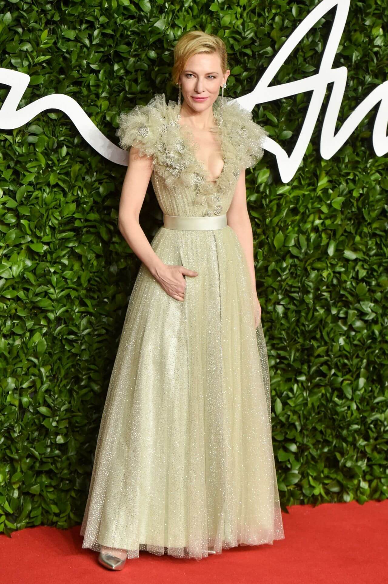 Cate Blanchett  In Olive Green Feather Style Long Gown At Fashion Awards  in London