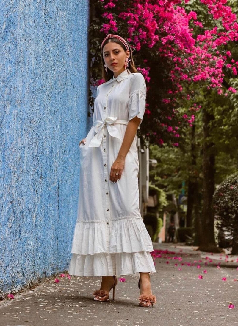 Andrea Nahle In White Frill Long Maxi Dress