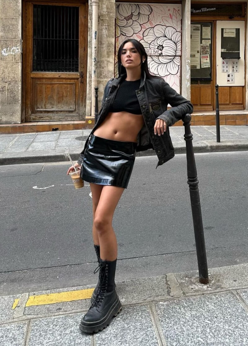 Clara Kong Vila In Black Denim Jacket With Leather Mini Skirt