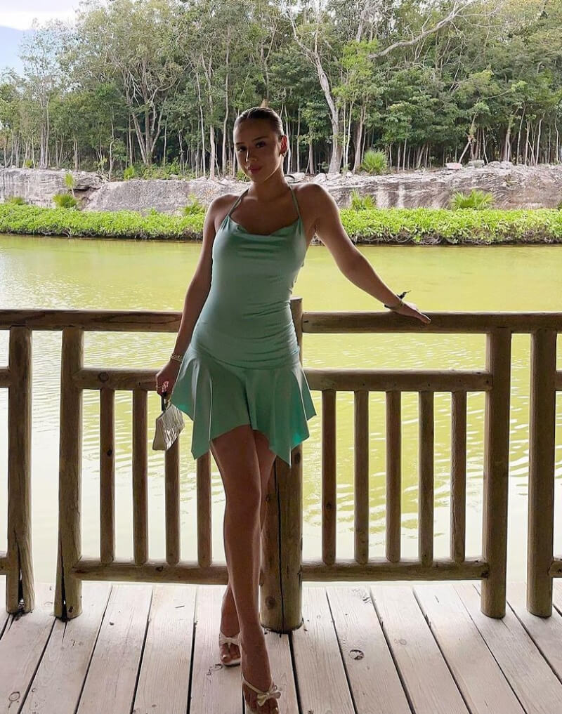 Fernanda Ramirez In Cyan Strap Sleeves Ruffle Short Dress