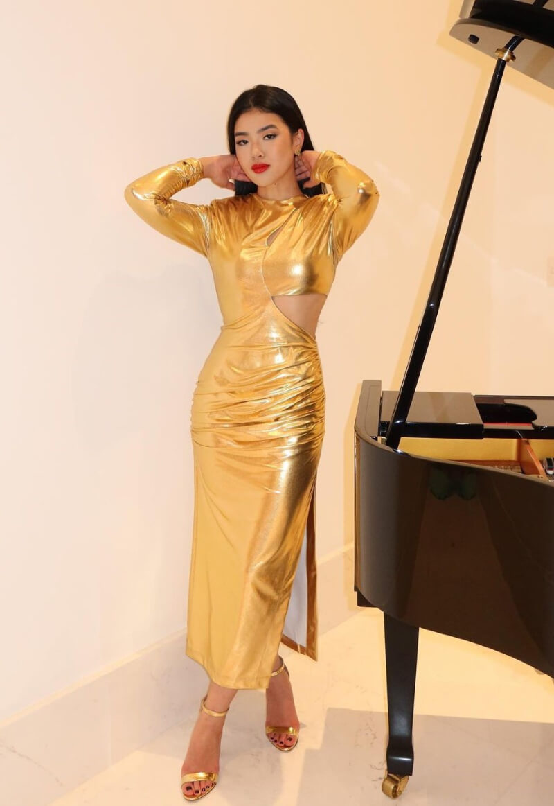 Gi Sayuri In Shiny Golden Cut-Out Long Dress