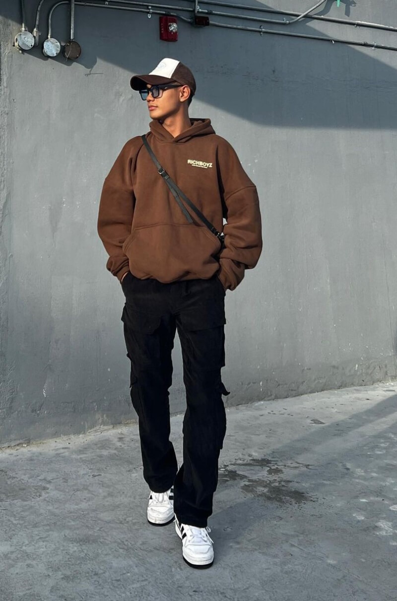 Justin Bangsil In Bronze Sweatshirt With Cargo Pants