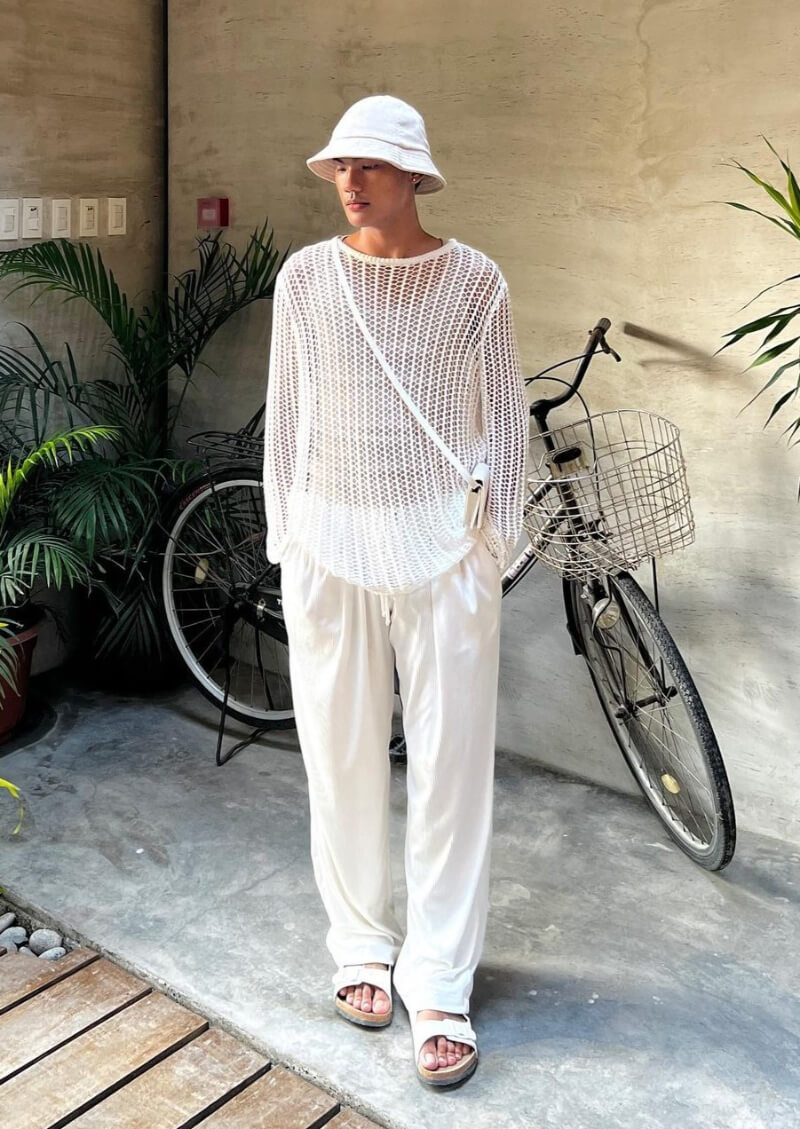Justin Bangsil In White Crochet T-shirt With Pants