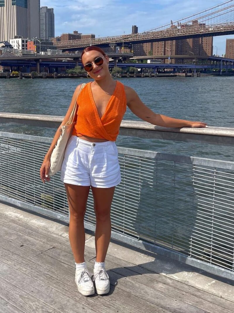 Lindsey Wedge Worth In Orange Wrapped Top With Short Pants