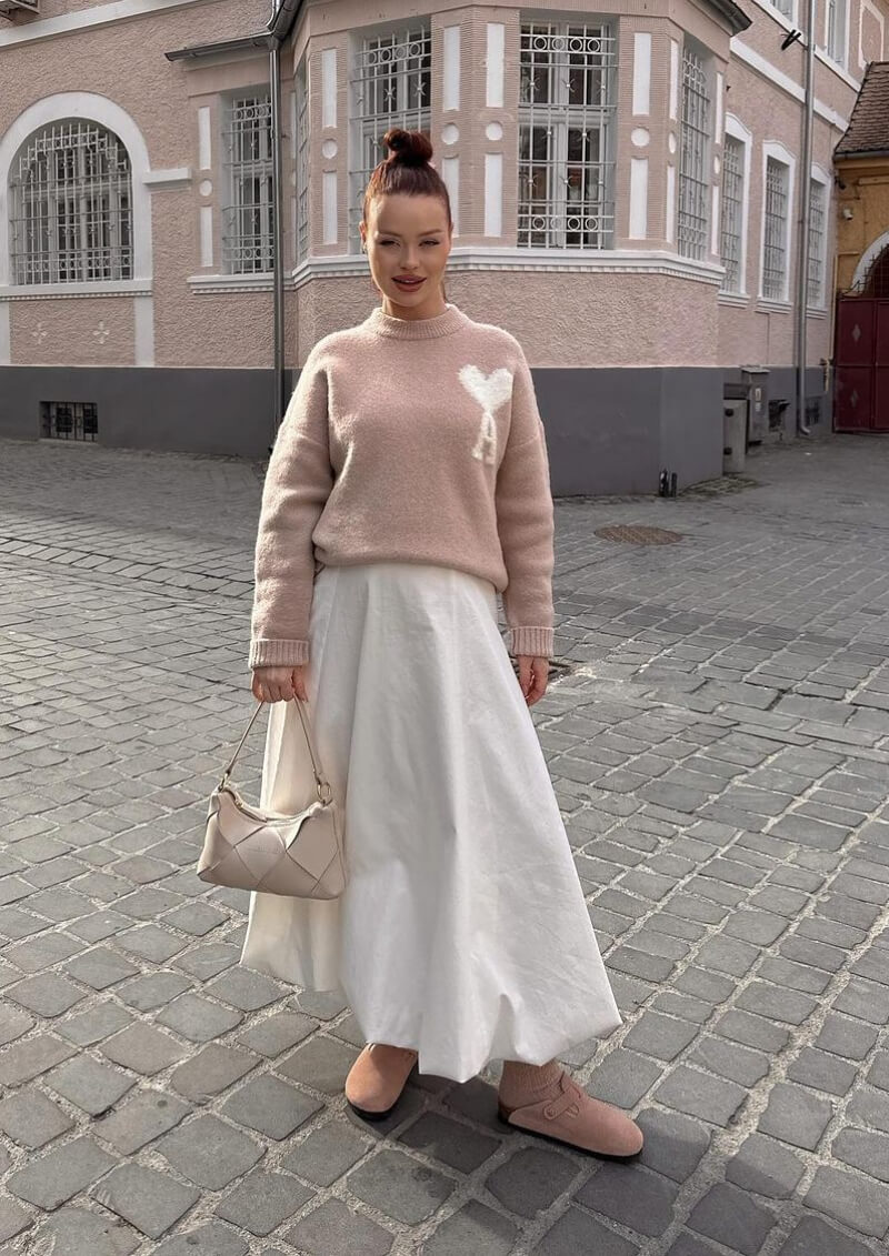 Lorena Serban In Woven Pullover With Long Flare Skirt