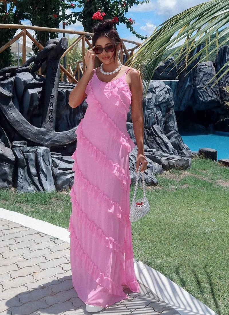 Nanda Caroll In Pink Ruffle Long Gown