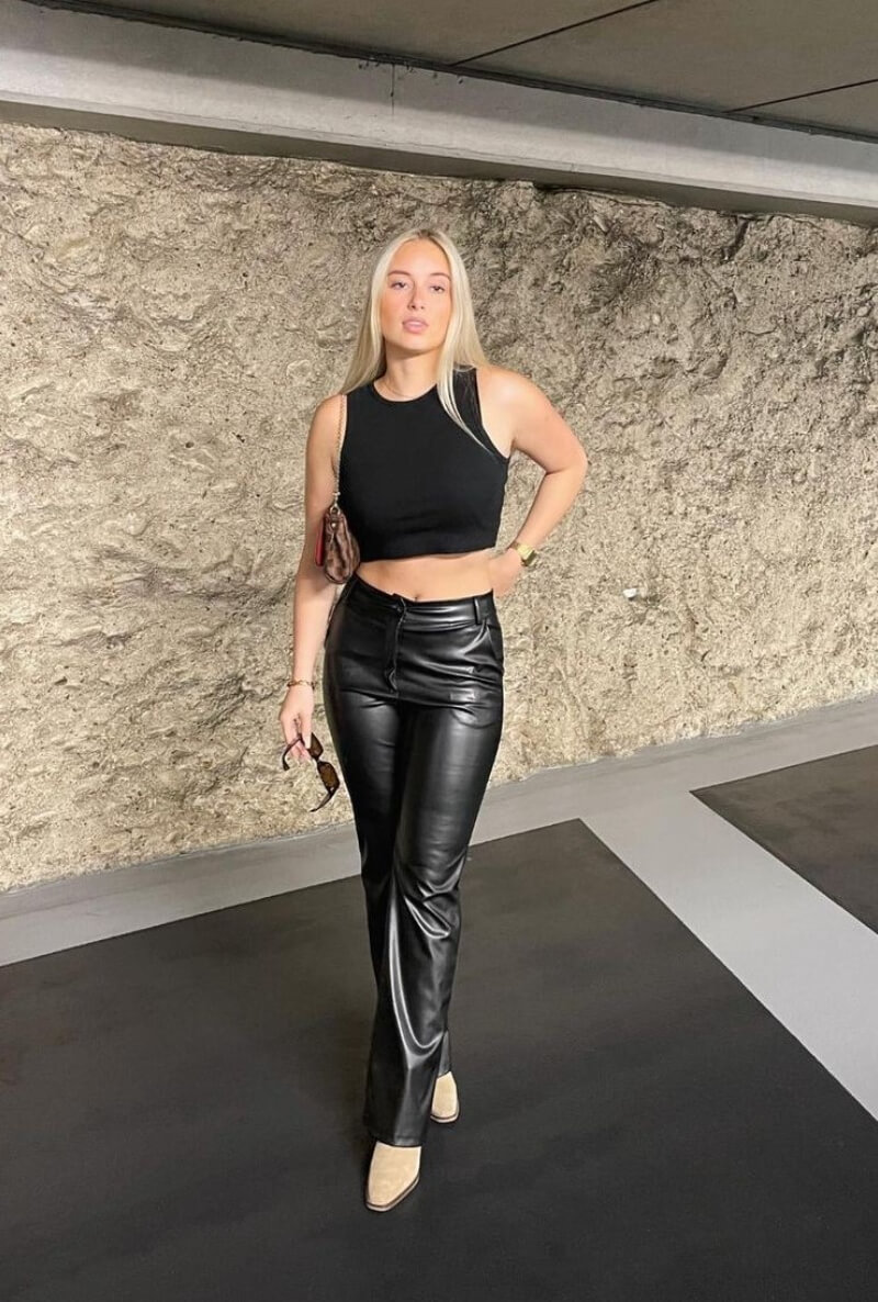 Nichara Josephina Augustina In Black Crop Top With Leather Pants