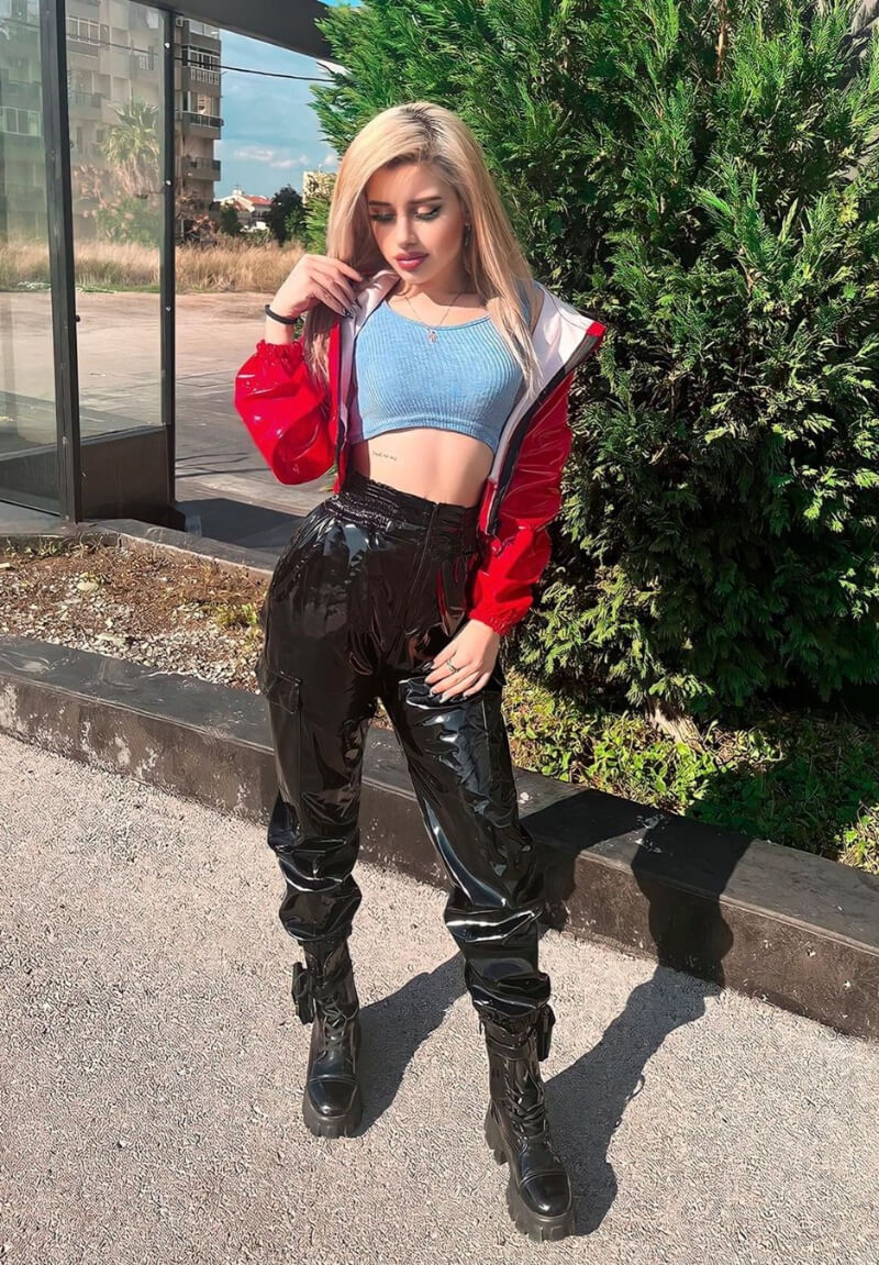 Sandy Nasrani In Blue Crop Top With Shiny Leather Pants