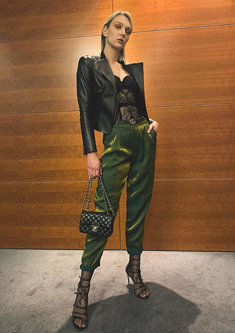 Victoria Jancke In Black Leather Jacket With Green Pants