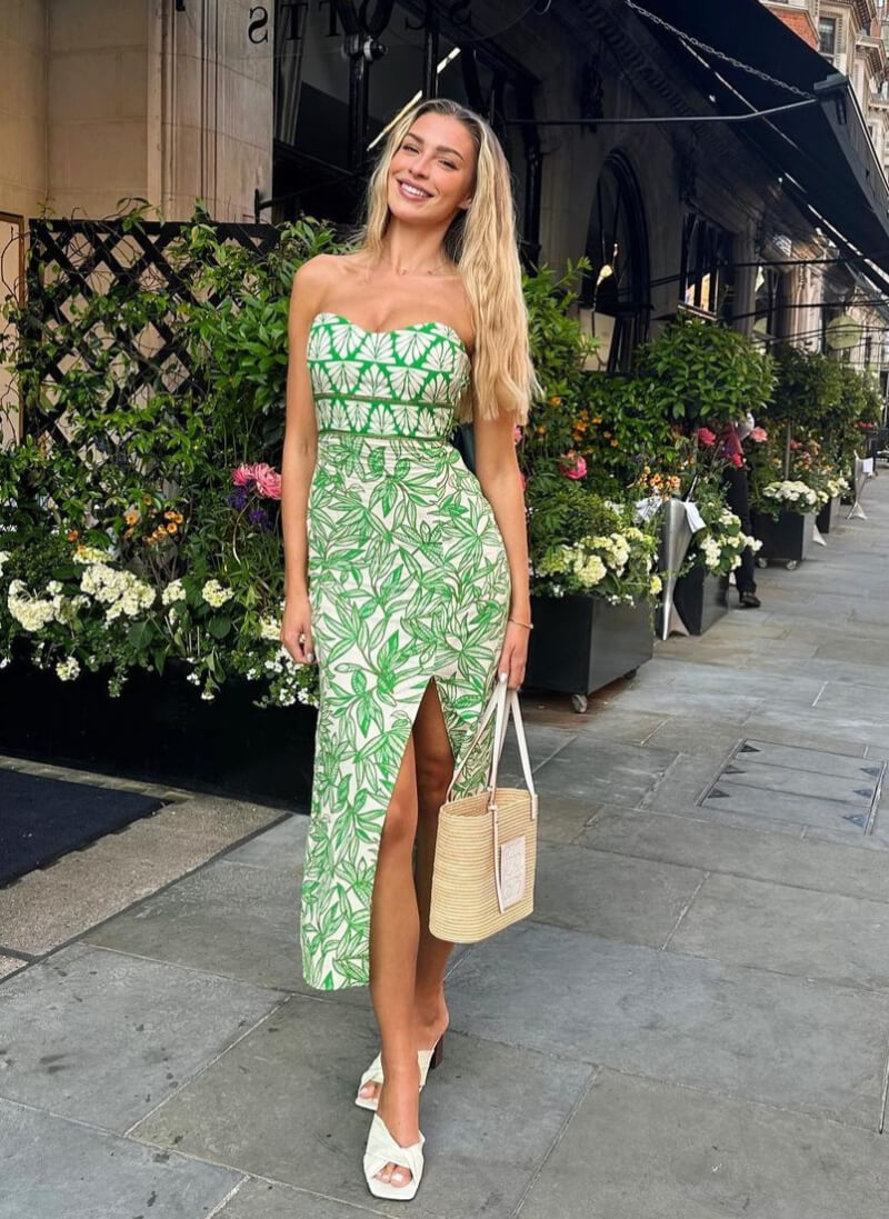Zara McDermott In Green Printed Strapless Slit Cut Outfit