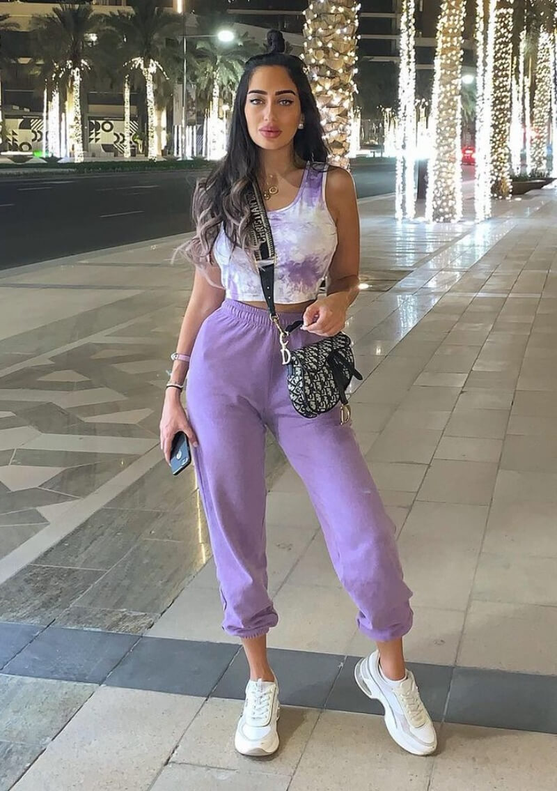 Batoul Qawas In Purple Printed Crop Top With Joggers