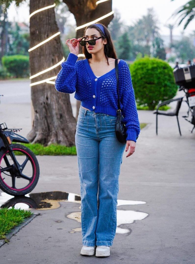 Bouchra Ounida In Blue Crochet Woven Top With Denim Jeans