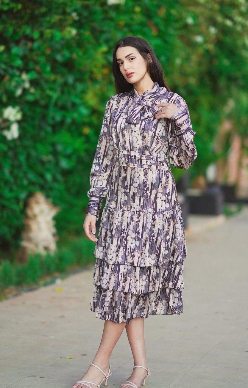 Bouchra Ounida In Printed Frill Long Dress