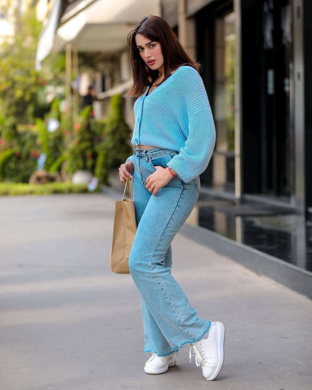 Bouchra Ounida In Woven Top With Denim Jeans
