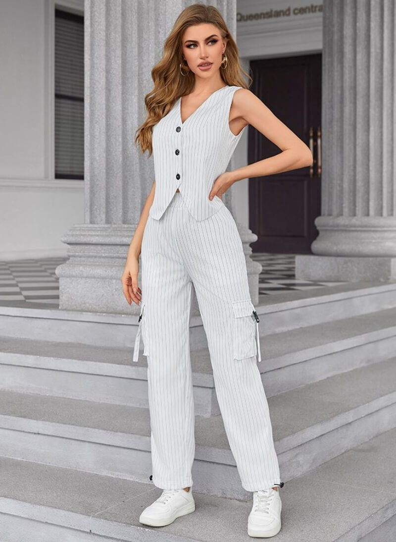 Chicme Mexico In White Striped Waist Coat With Pants