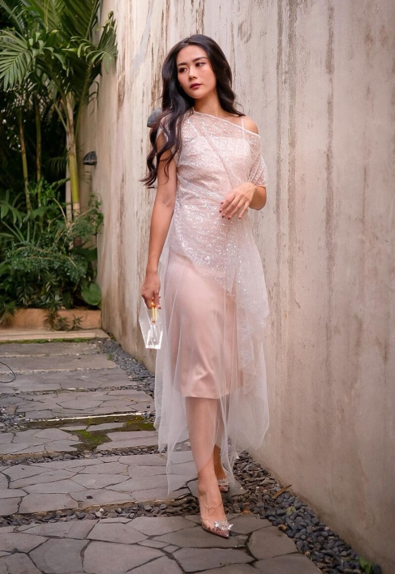 Diana Halim In White Shimmery Transparent Long Dress