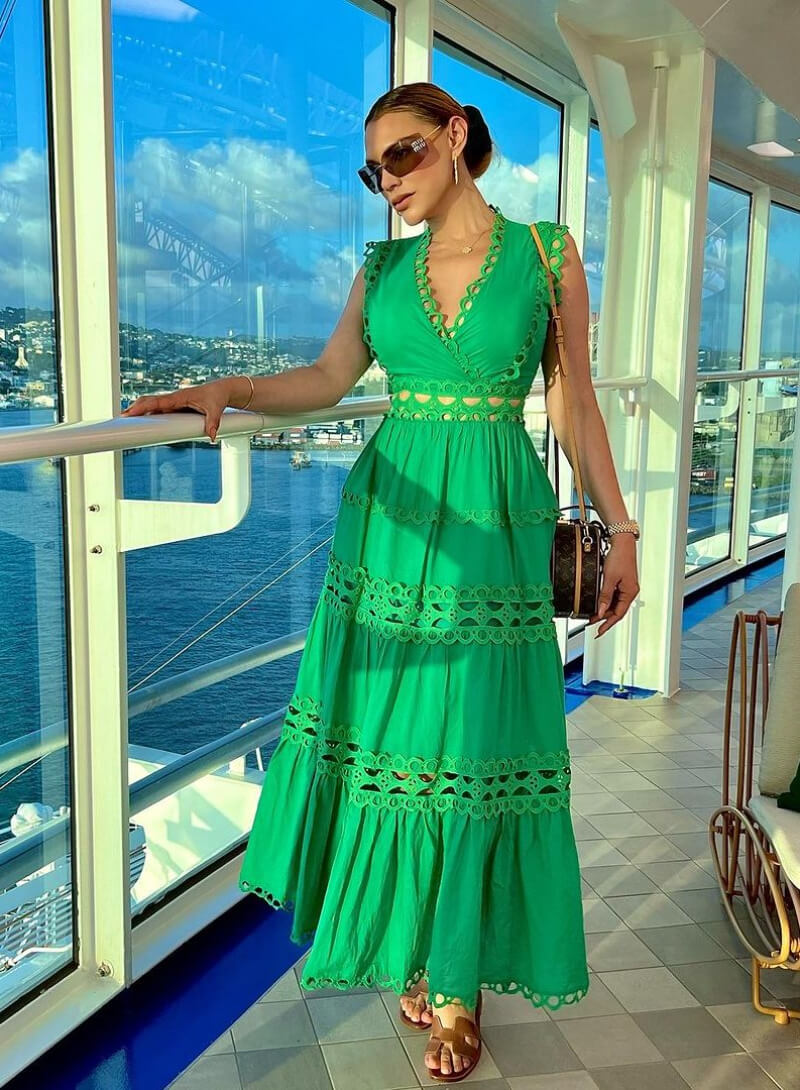 Karmen Tabares In Green Crochet Long Dress