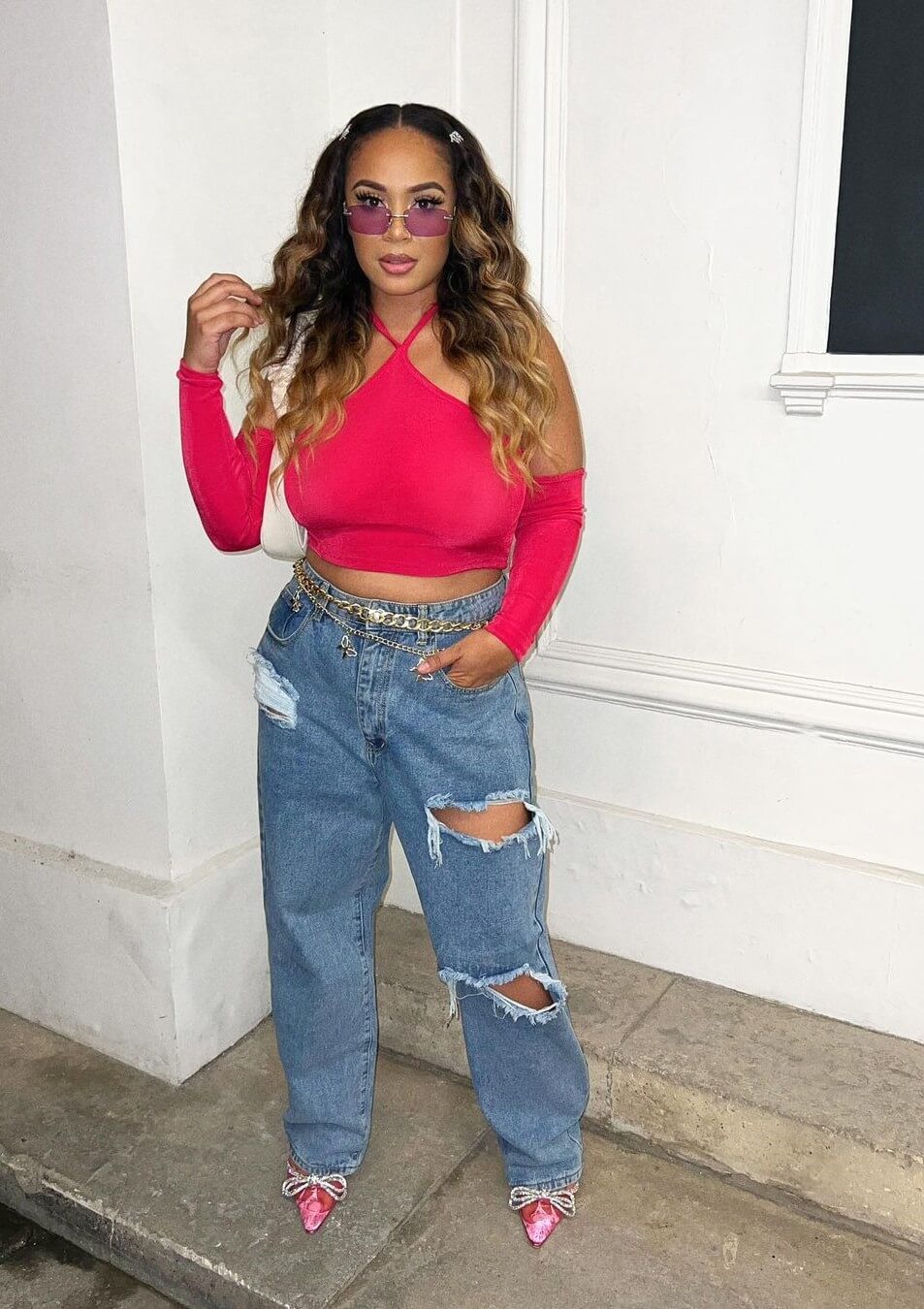 Pembecherole In Pink Cut Out Top With Ripped Jeans