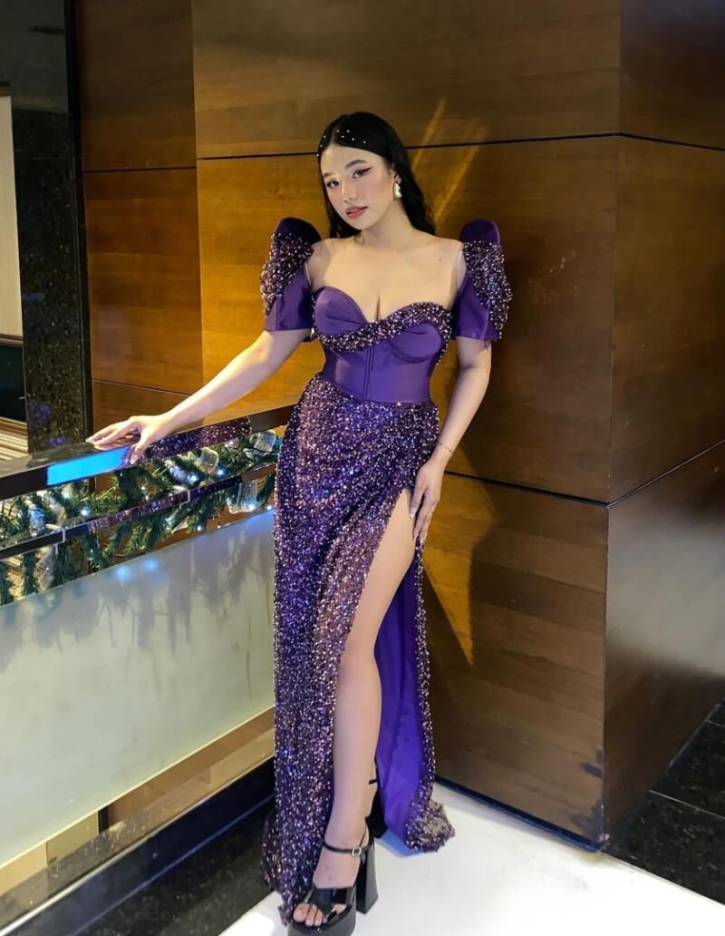 Reynie Mariii Antong In Purple Shimmery Slit Cut Gown