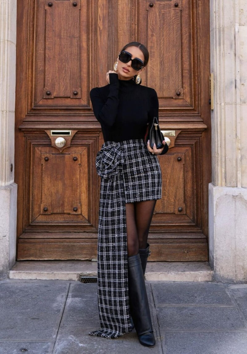 Sasaby Lopez  In Black Top With Checked Draping Style Mini Skirt