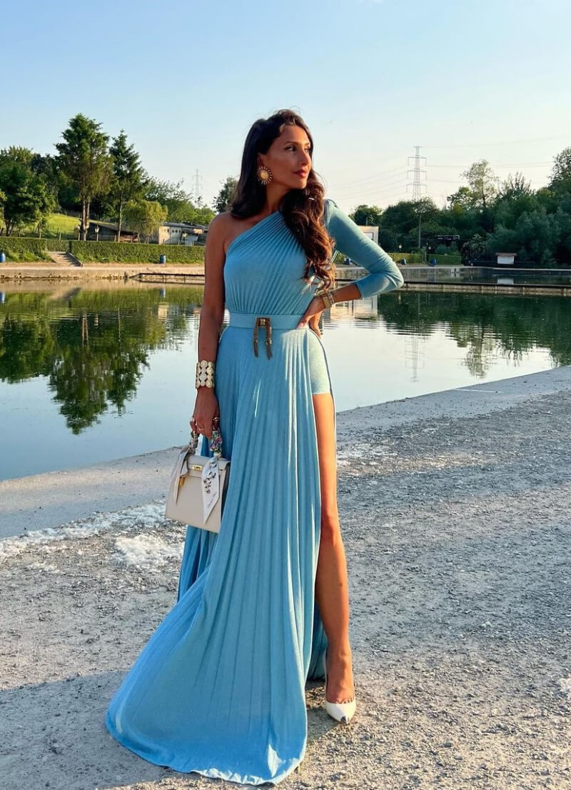 Sasaby Lopez  In Blue Pleated Slit Cut Long Dress