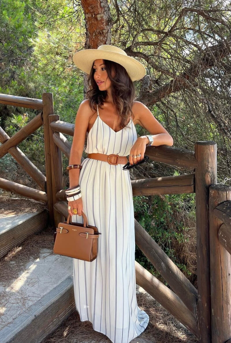 Sasaby Lopez  In White Striped Long Maxi Dress