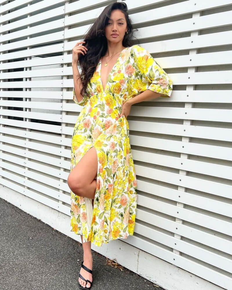 Alex Tioke In Yellow Floral Print Slit Cut Outfit