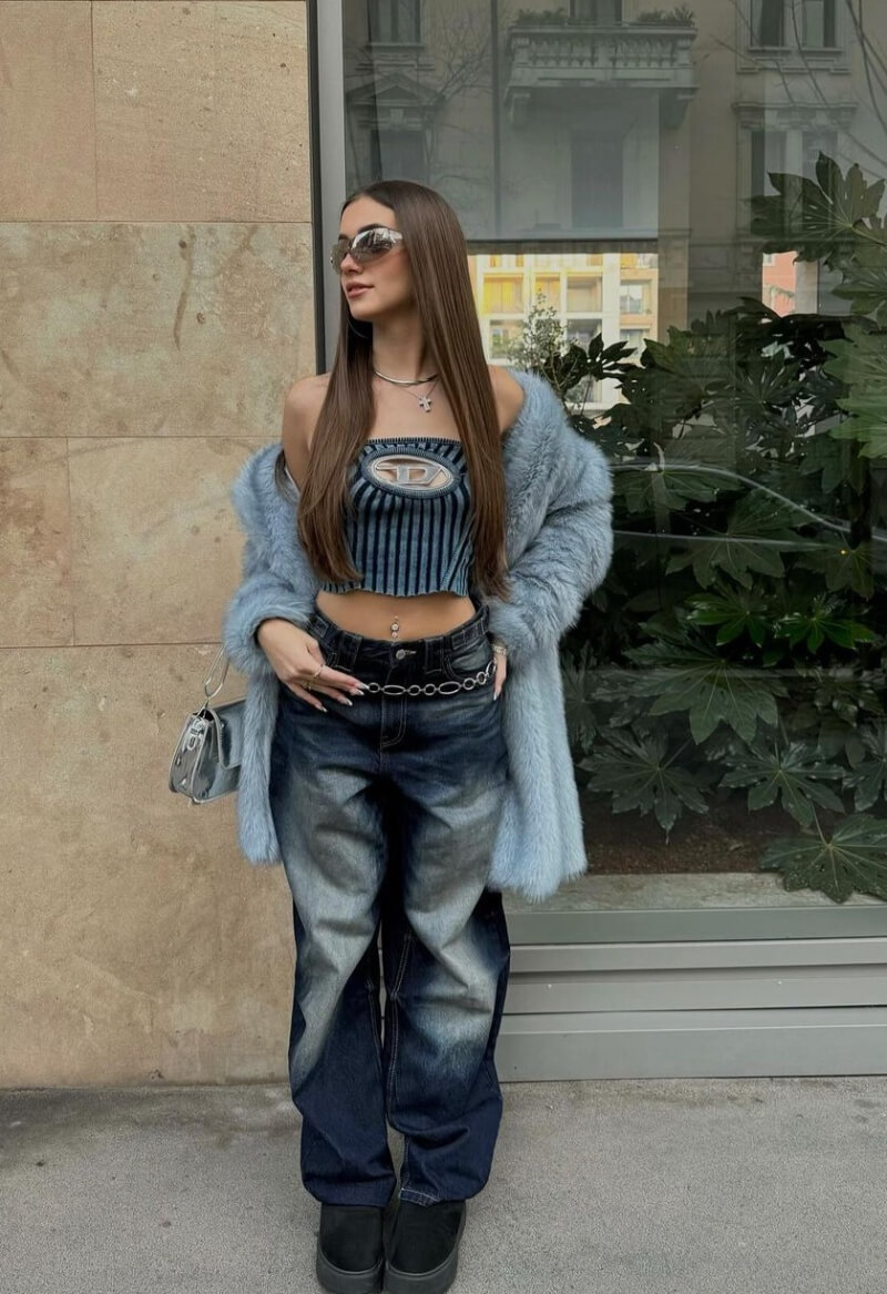 Alice Perego In a Striped Crop Top With Baggy Jeans