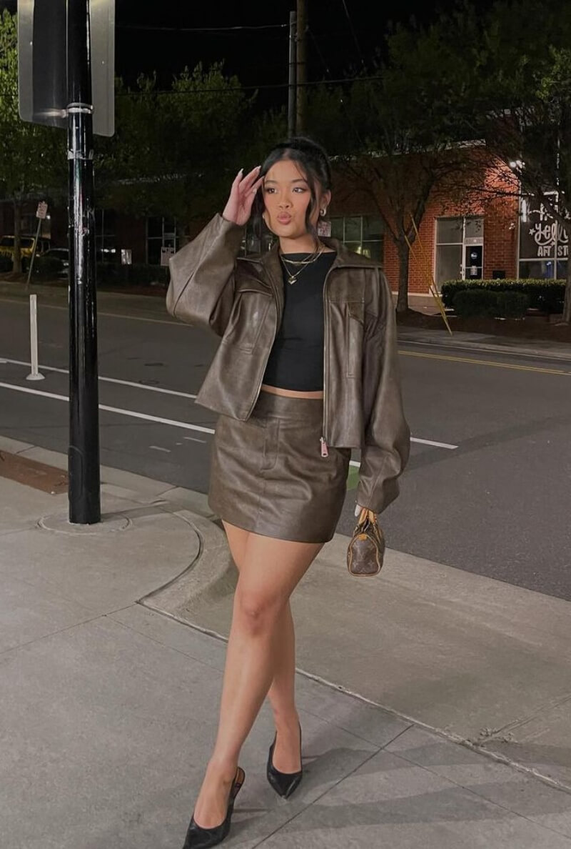 Aly Silverio In Brown Leather Co-Ord Set