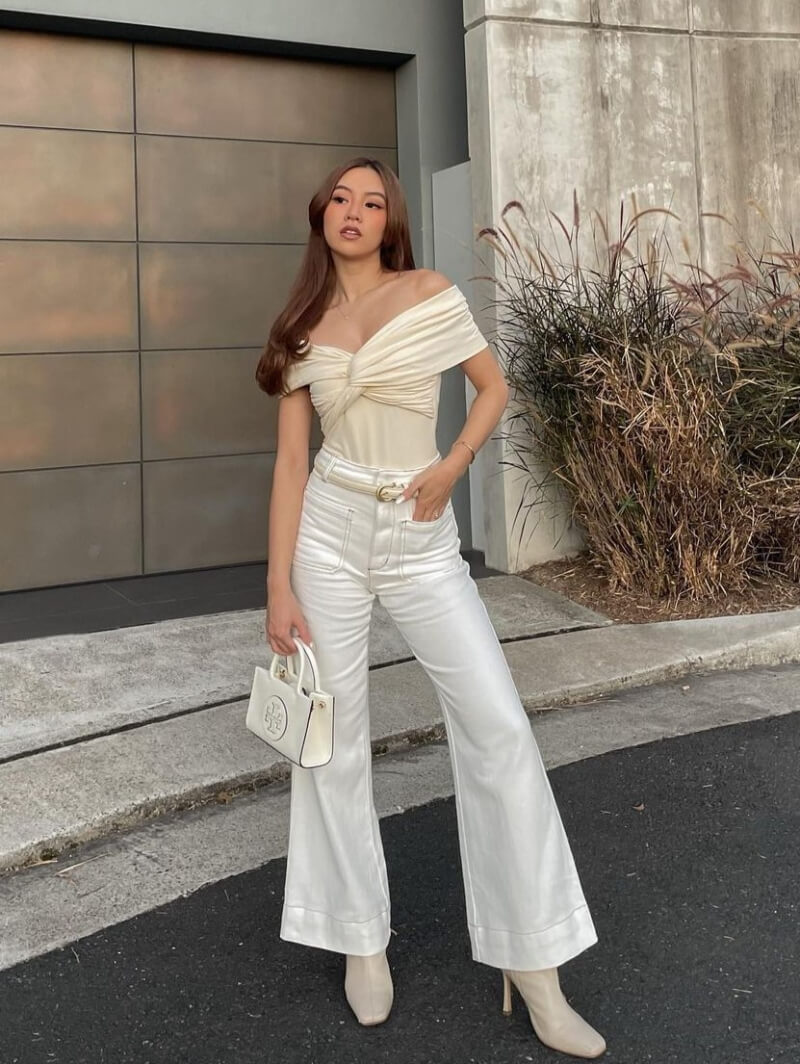 Ashleigh Huynh In Off Shoulder Top With White Pants