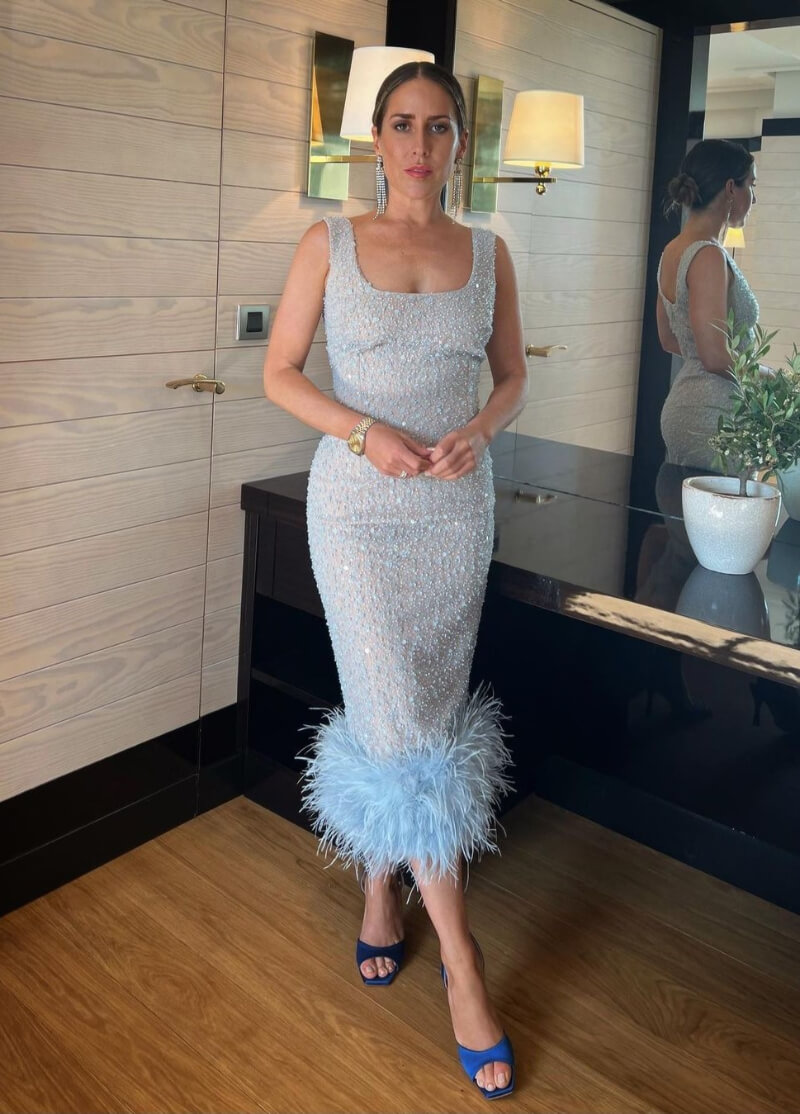 Idalia Salsamendi In Blue Shimmery Feather Style Bodycon Dress
