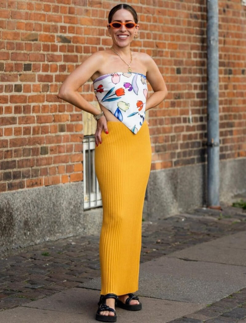 Idalia Salsamendi In Graphic Print Strapless Top With Long Skirt