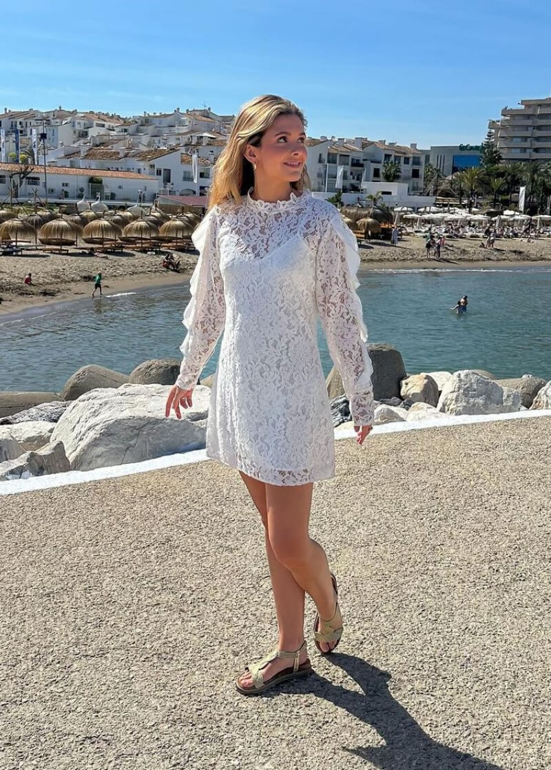 Karoline Krovel In White Lace Design Short Dress