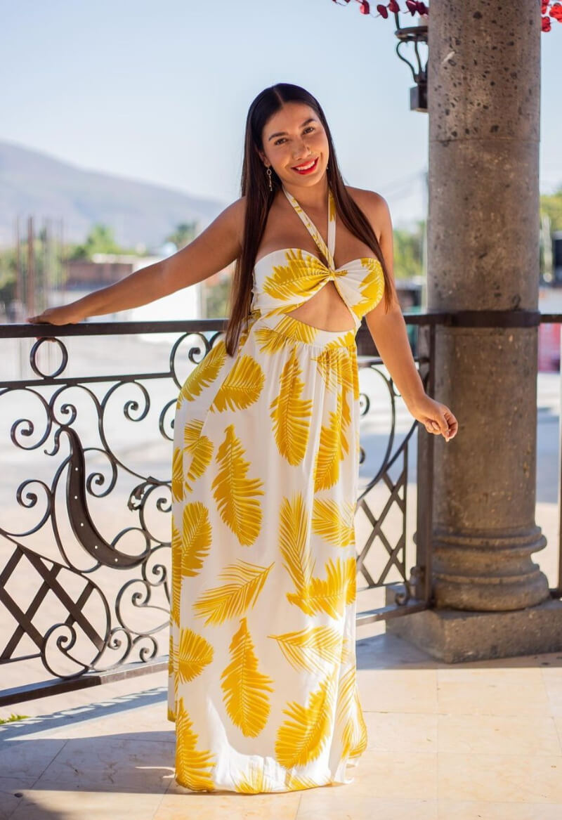 Kary Ocampo In Yellow Printed Cut Out Long Dress