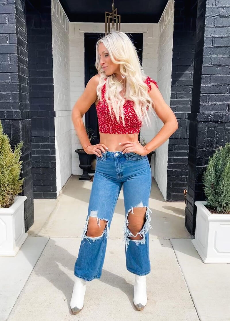 Lacey Shelby-Shaw In Red Crop Top With Ripped Jeans