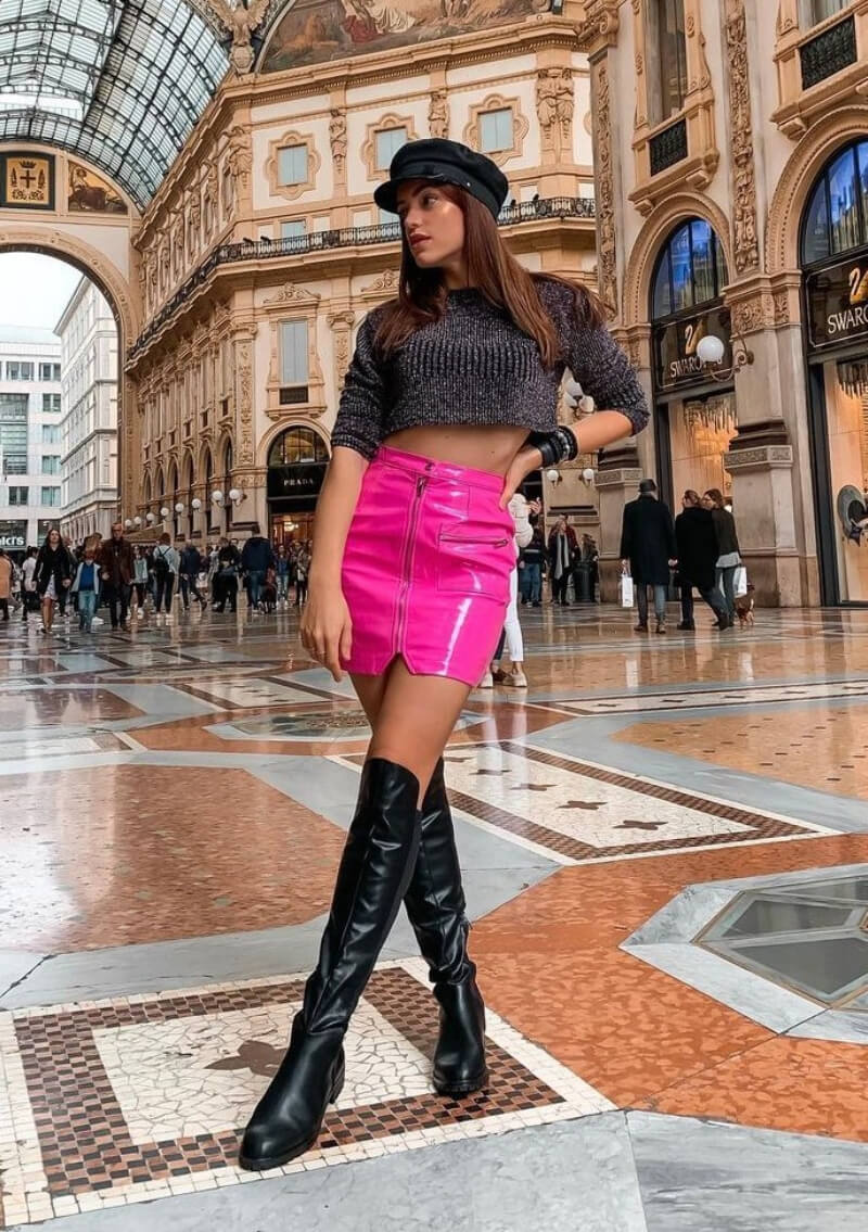 Nadja Stanojevic In Black Shimmery Crop Top With Mini Skirt