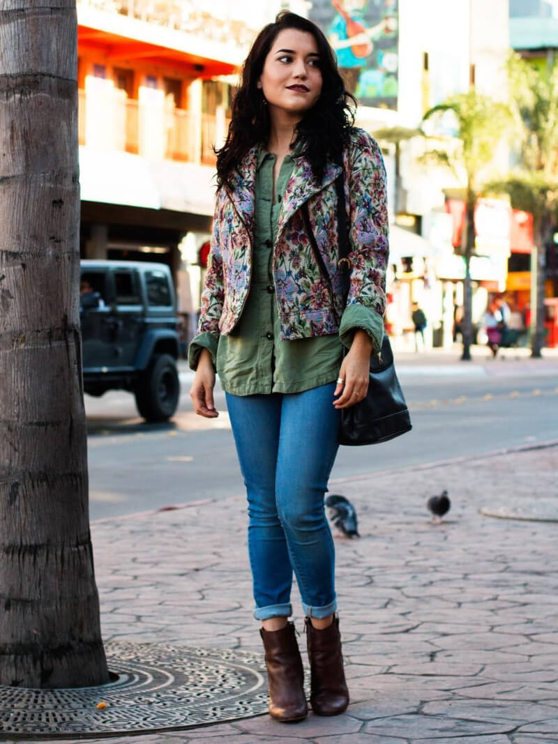 Paloma Favela In Printed Coat Under Shirt With Denim Jeans