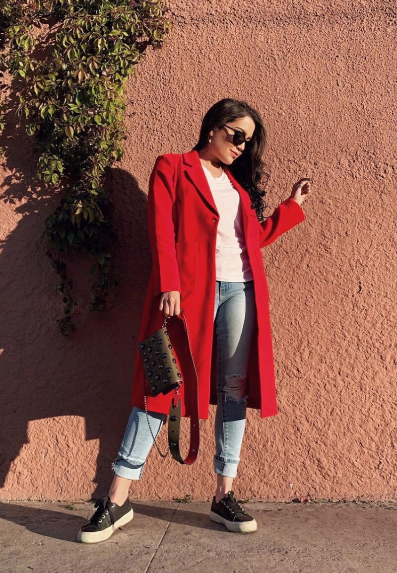 Paloma Favela In Red Long Jacket with Jeans