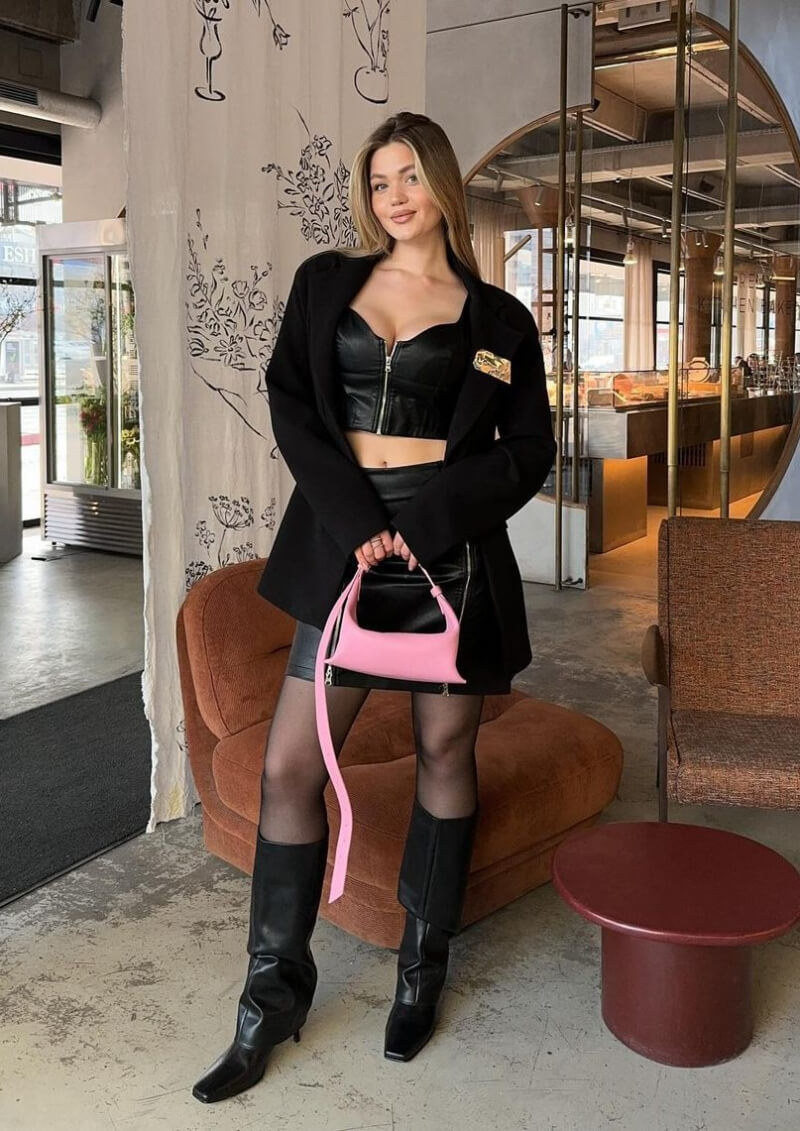 Rita Perskaya In Black Leather Co-Ord Set With Blazer