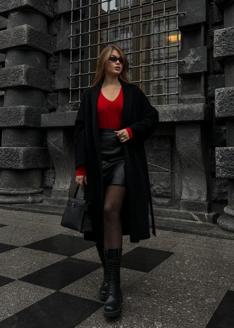 Rita Perskaya In a Long Black Coat With a Mini Skirt