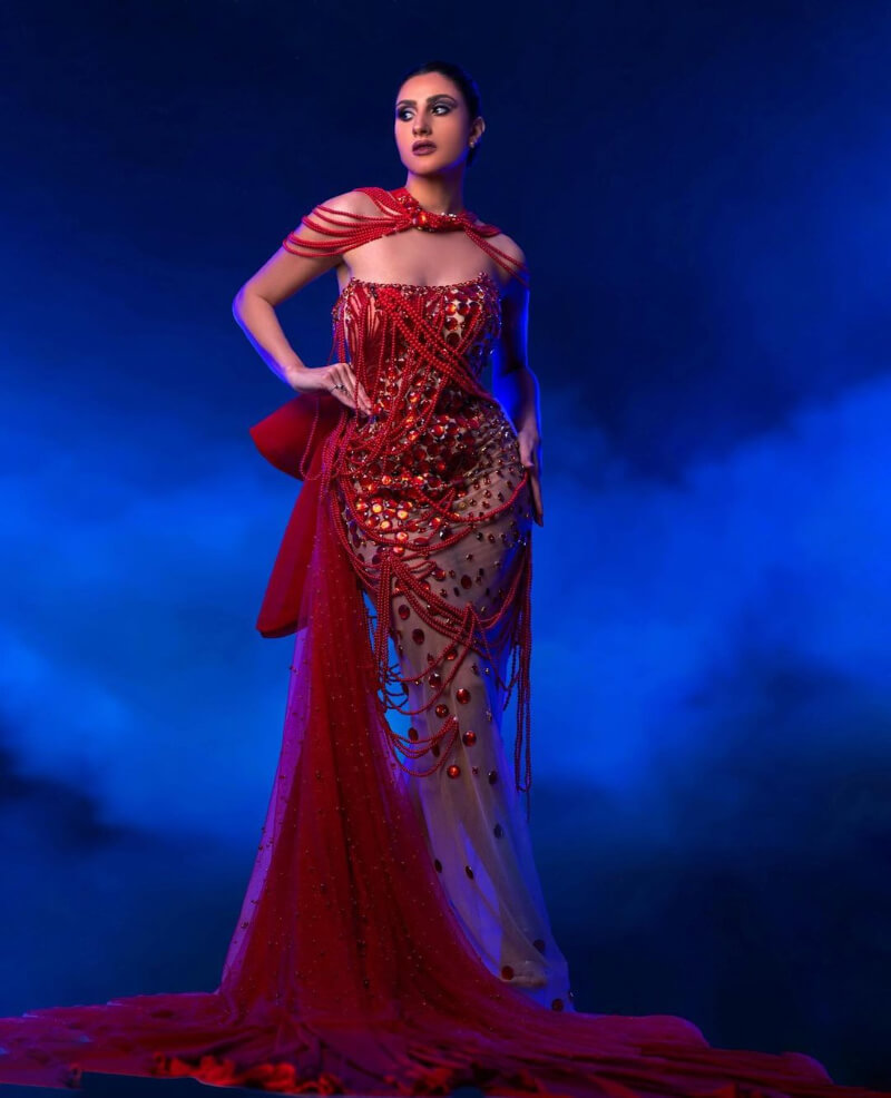 Jessie Elserafy  Hot In Red Pearl Embebbed Long Flare Gown