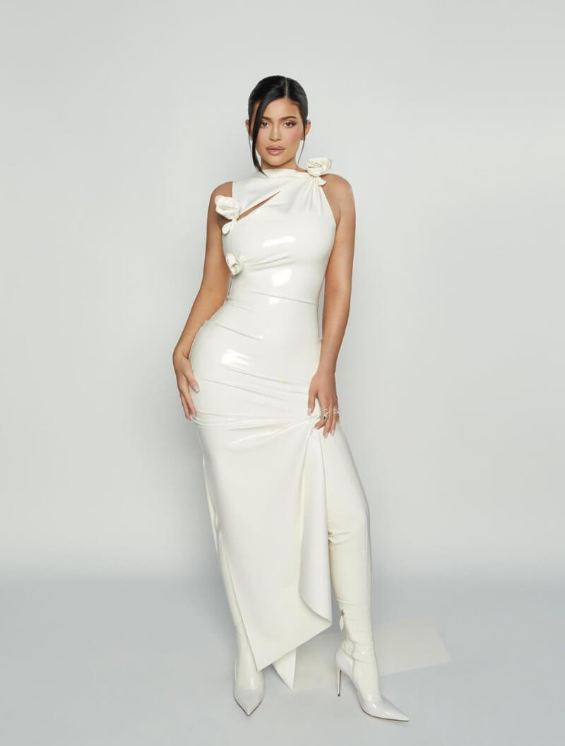Kylie Jenner In Shiny White Cut-Out Long Dress 